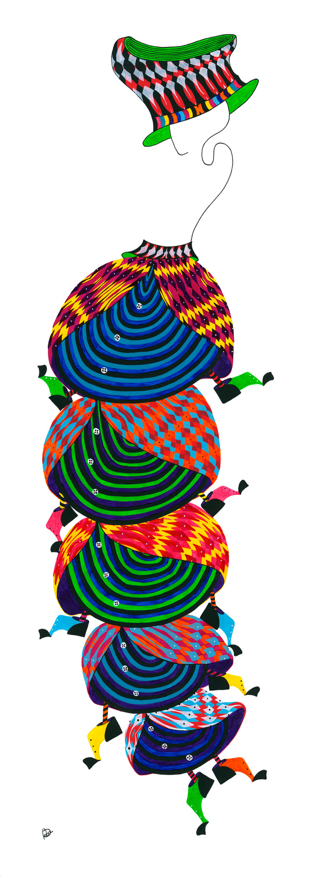 CATERPILLAR, an artwork by Beba from 2014, dip pen and brush with acrylic ink on paper, 70x25cm.