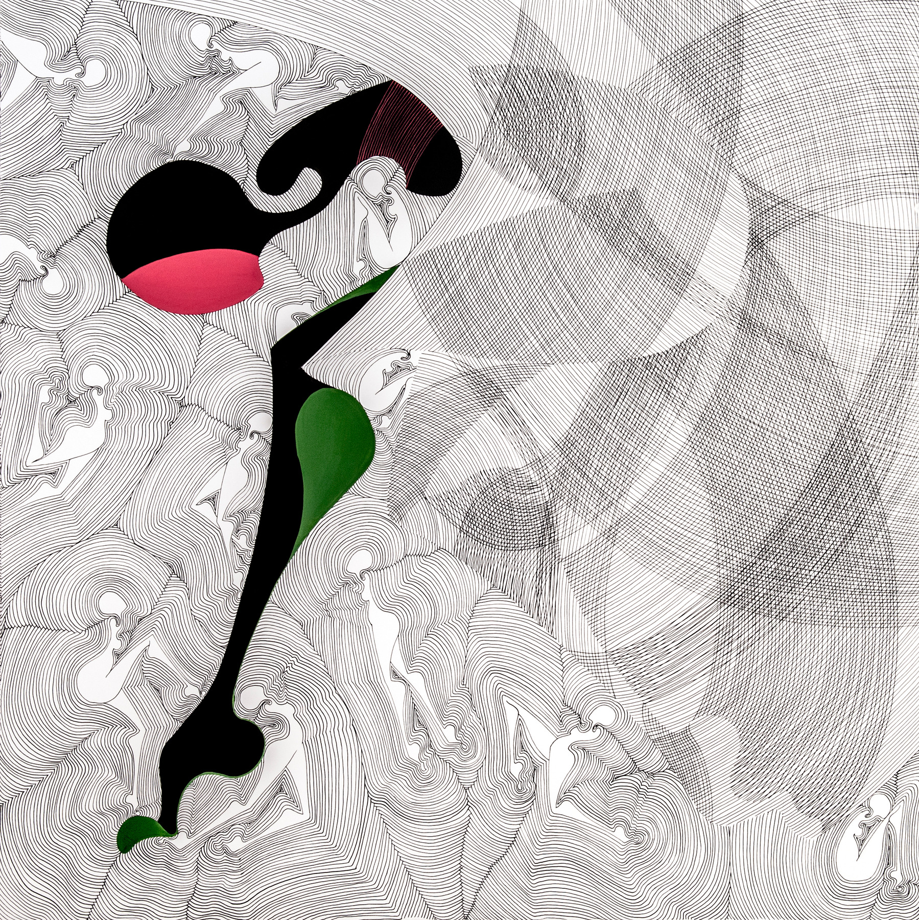 CURIOSITY, an artwork by Beba from 2014, dip pen and brush with acrylic ink on paper, 70x70cm.