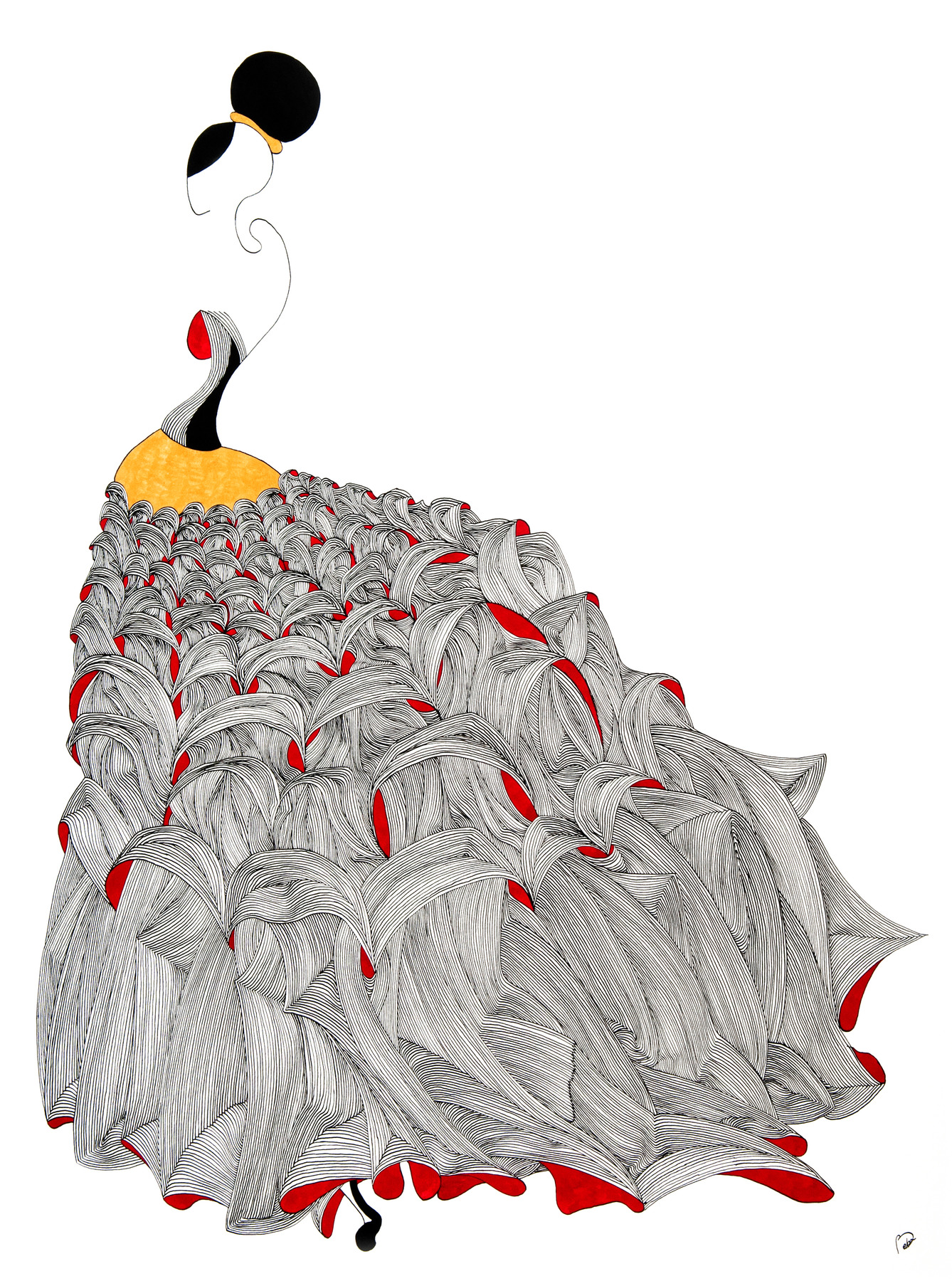 RUNAWAY BRIDE, an artwork by Beba from 2012, dip pen and brush with acrylic ink on paper, 76x57cm.