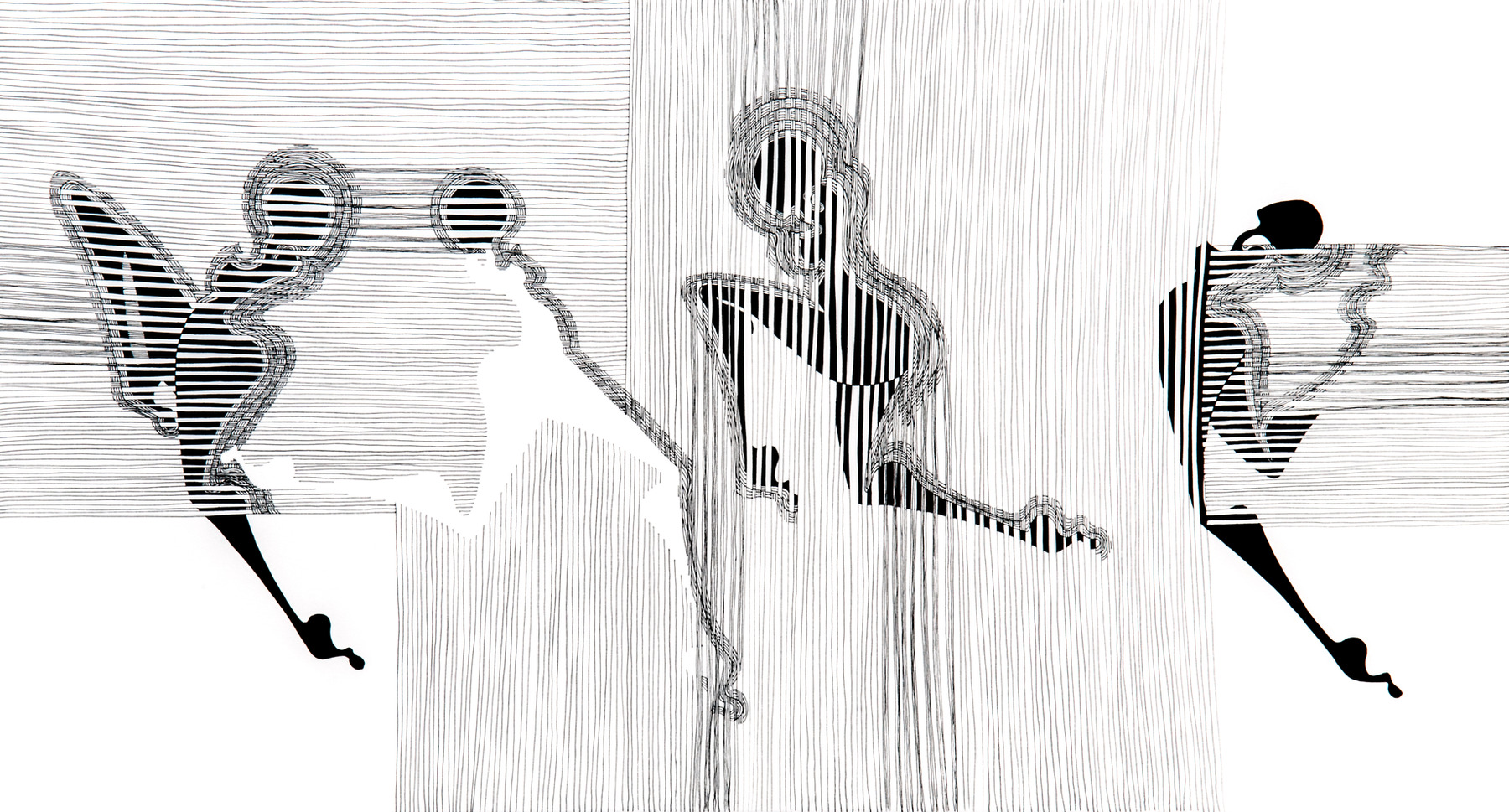 STANDING NO CHANCE INFRONT OF THE SIN, an artwork by Beba from 2014, dip pen and brush with acrylic ink on paper, 28x50.